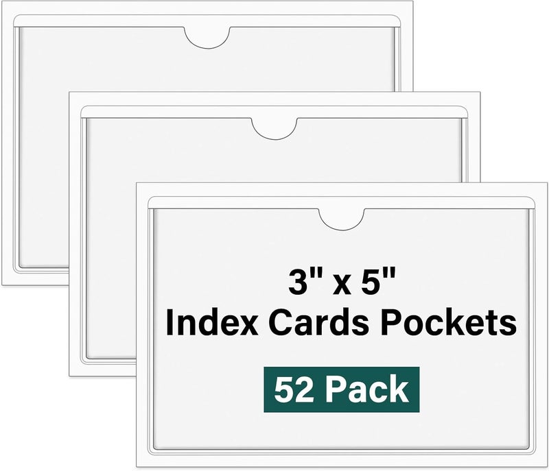 Ohuimrt 52 Pack Clear Adhesive 3" x 5" Index Card Pockets with Top Open, Plastic Card Sleeves Index Card Holder for Organizing Storage Bins, Library Cards, Notes, Drawer - Image 1